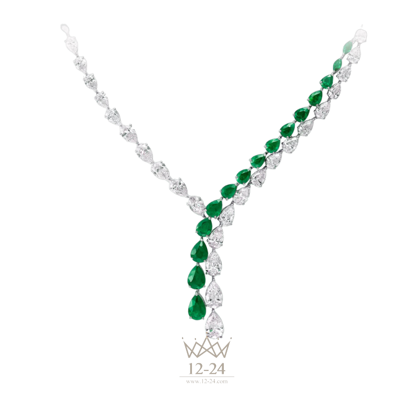 Graff Pear Shape Emerald and Diamond Cross-over Necklace RGN480