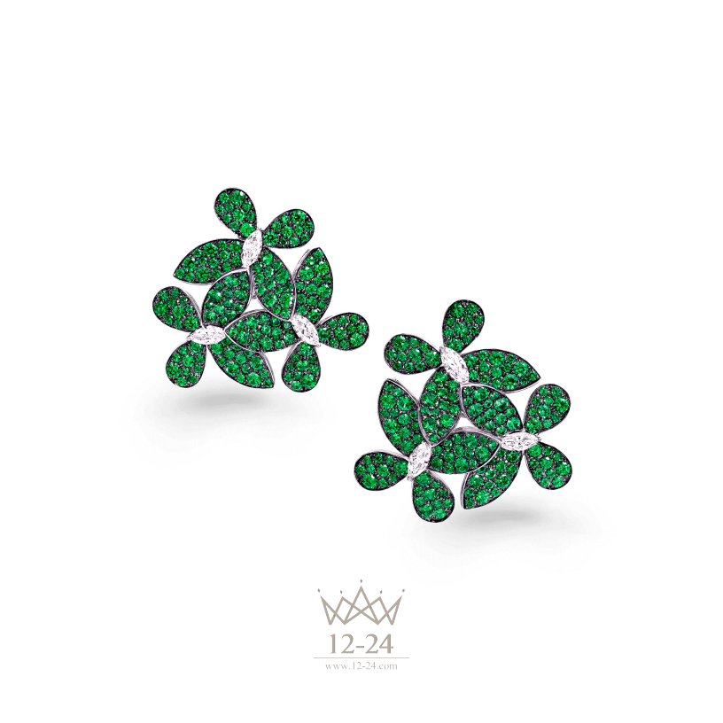 Graff Triple Pave Butterfly Cluster Earrings Emerald and Diamond RGE872
