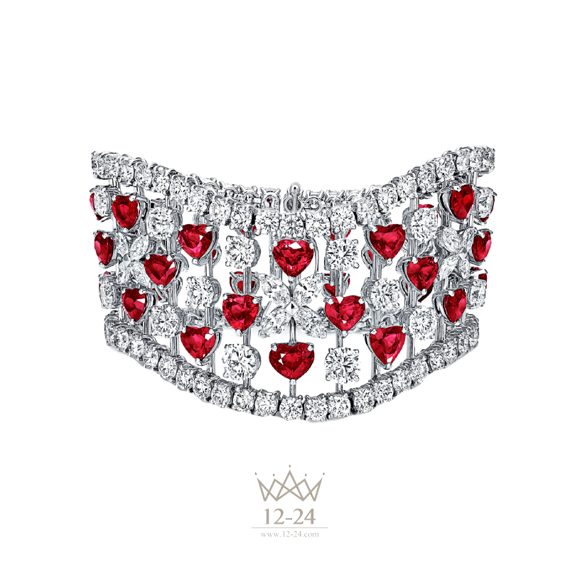 Graff Heart Shape Ruby and Round Marquise Diamond Cuff GB5510