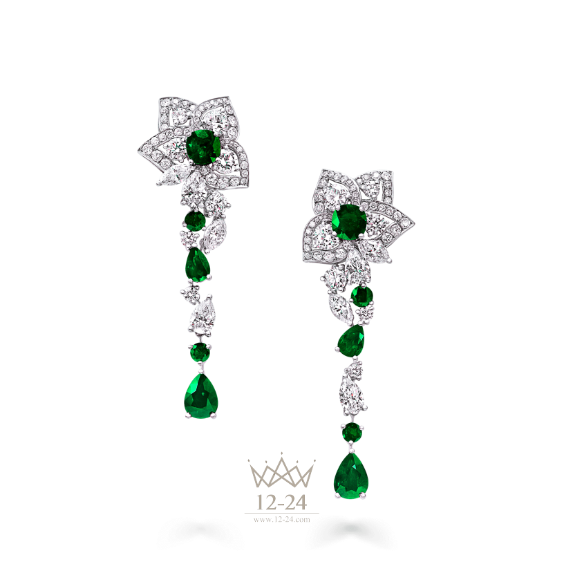 Graff Peony Flower Drop Earrings Emerald and Diamond RGE1179
