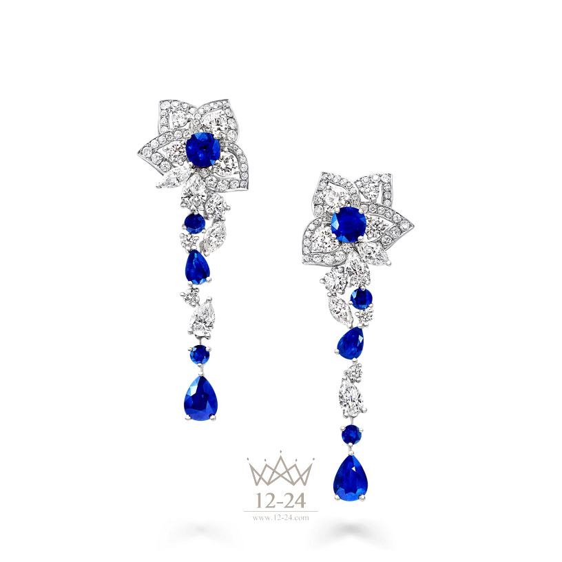 Graff Peony Flower Drop Earrings Sapphire and Diamond RGE1181